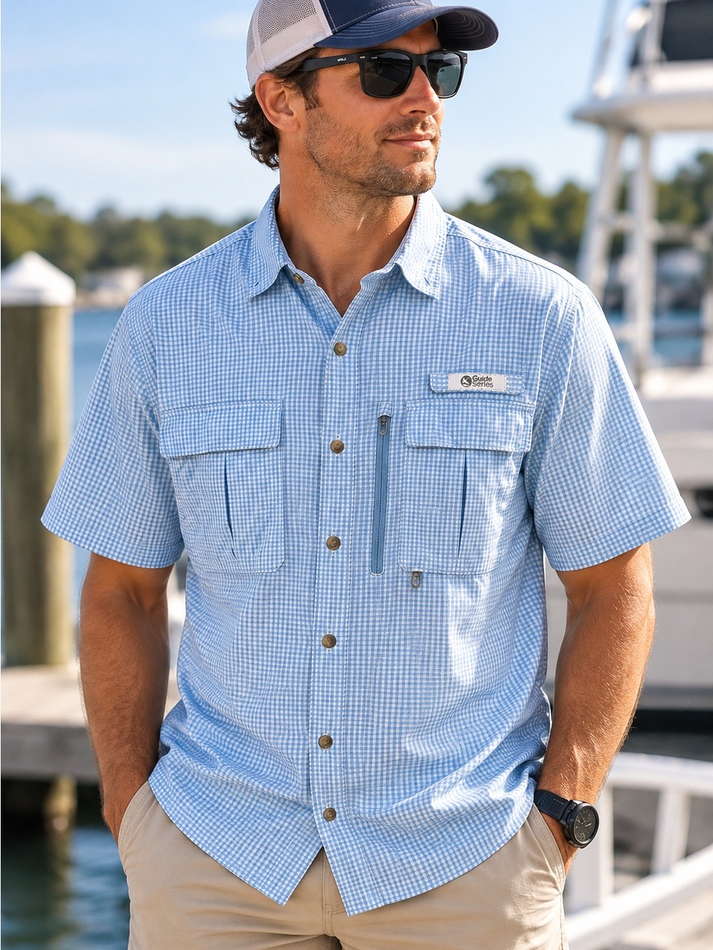 Gander Mountain Guide Series Men’s L Blue Gingham Fishing Shirt Vented